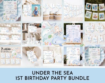 Under the Sea 1st Birthday Invitation Bundle: Blue Ocean Party Decor (Editable) Bir462