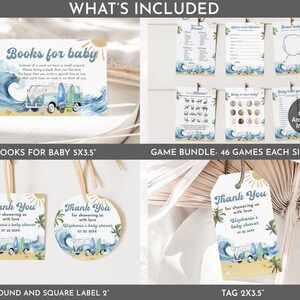 May include: A set of printable baby shower games with a beach theme. The games include "Guess the Baby Food", "Baby Bingo", and "Draw the Baby". The games are printed on a white background with blue and yellow accents. The games are 5x7 inches.