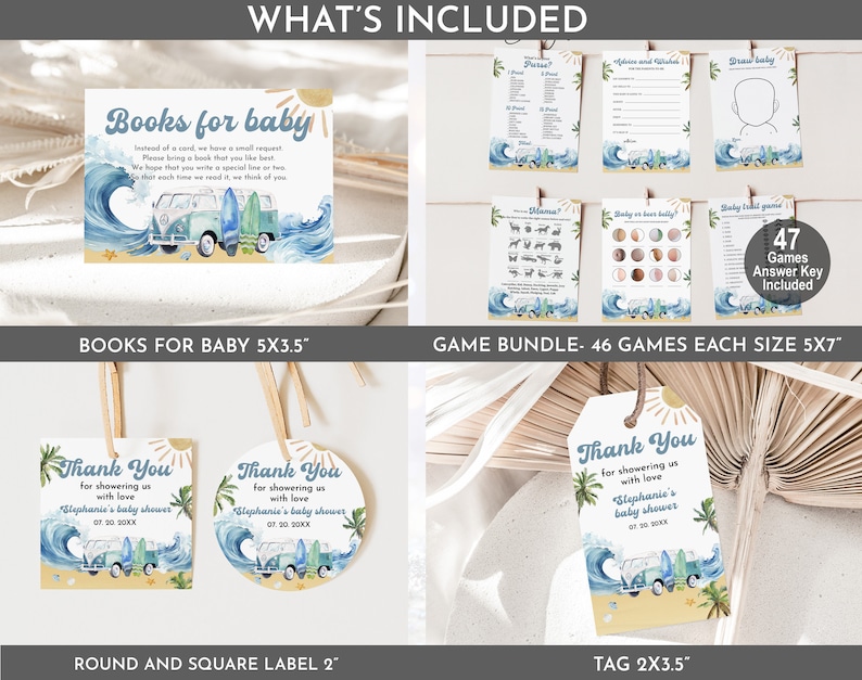 May include: A set of printable baby shower games with a beach theme. The games include "Guess the Baby Food", "Baby Bingo", and "Draw the Baby". The games are printed on a white background with blue and yellow accents. The games are 5x7 inches.