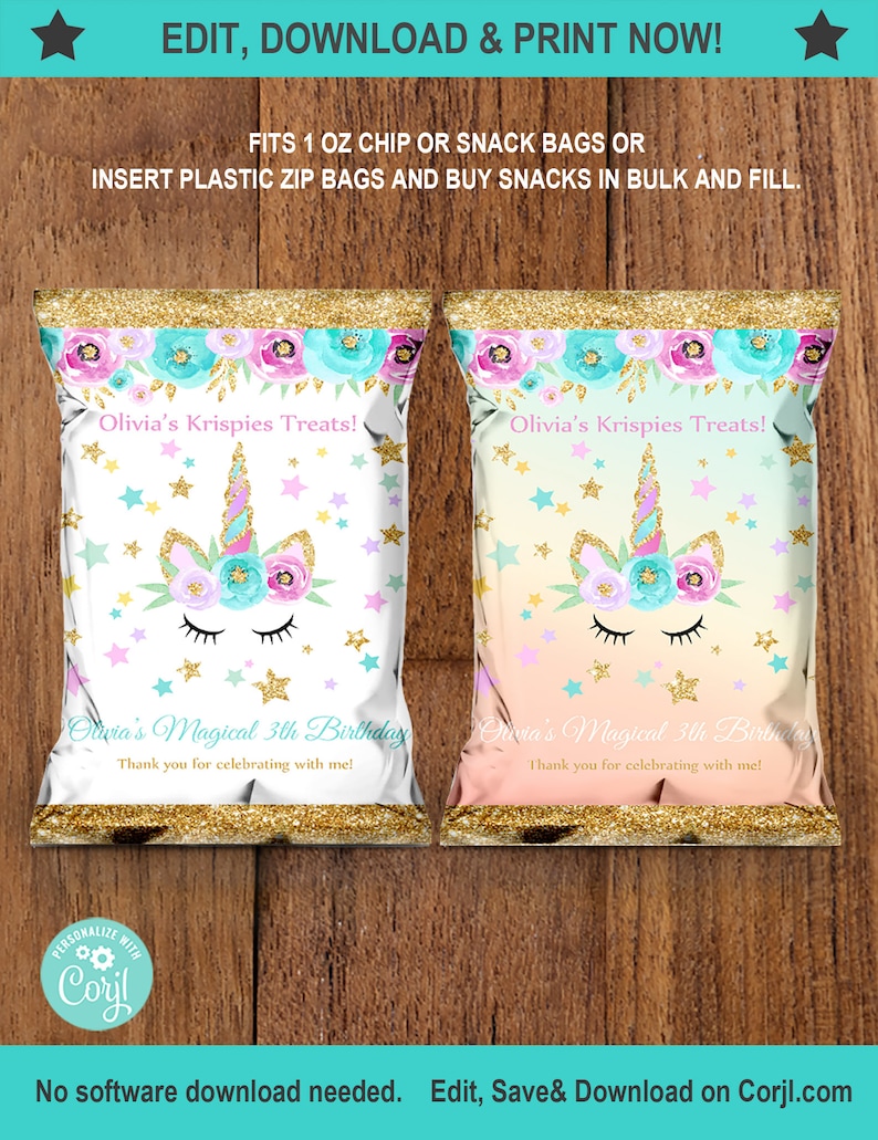Unicorn 2 Chip Bags Rainbow Gold Glitter Printable INSTANT DOWNLOAD EDITABLEBirthday Favor BagsUnicorn Rainbow Themed FSU1