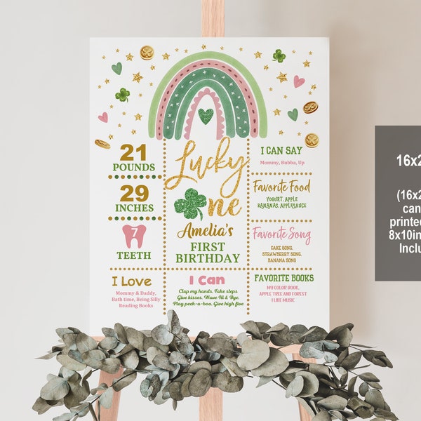 St. Patrick's Day Milestone Poster Lucky One First Birthday Sign Shamrock Party Chalkboard Sign Girl 1st Editable Printable Download SpI1
