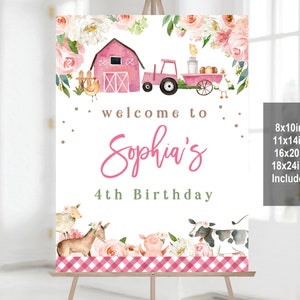 Girl Farm Birthday Welcome Sign Barnyard Party Welcome Poster Farm Animals Pink Floral  Sign Farm Editable Printable Download Bir312