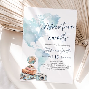 Abenteuer erwartet Babypartyeinladung bearbeitbar Reise-Babyparty einladen Weltkarte einladen Koffer Globus Gender Neutral Printable Bab266