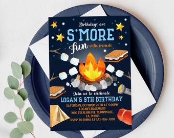 S'mores divertido cumpleaños invitación patio trasero camping invitar S'mores hoguera niños fogata Smore diversión con amigos DESCARGA EDITABLE Bir236