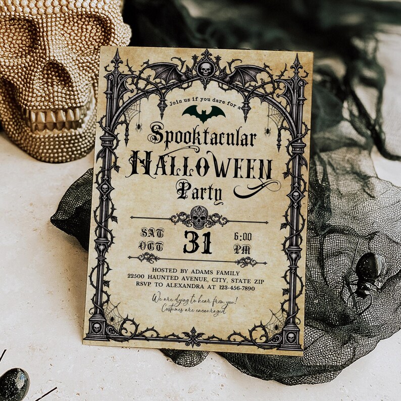 May include: A rectangular Halloween party invitation printed on aged parchment paper. The design features a black gothic archway frame with bat and skull motifs, spiderwebs, and the text: Join us if you dare for a Spooktacular HALLOWEEN Party.
