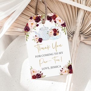 Étiquettes de faveur de douche nuptiale bourgogne Floral Tea Party Merci étiquettes tasse à thé tasse à café faveur étiquette numérique modifiable téléchargement imprimable Bri20