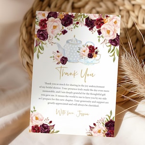 Carte de remerciement pour la douche nuptiale, note de remerciement pour le thé, bohème automne bourgogne floral rustique automne, brunch nuptiale modifiable imprimable Bri20