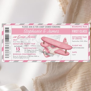 Flugzeugticket-Babypartyeinladung Mädchen druckbare Babyparty-Bordkarte Rosa bearbeitbare Flugzeugticket-Einladungsreise Bab313