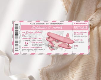 Baby Shower Invite, Airplane Ticket Style, Pink (Editable PDF Bab313)