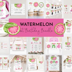 Editable One in a Melon 1st Birthday Invitation Bundle Printable Watermelon 1st Birthday Set Pink Watermelon Package Decorations Bir343