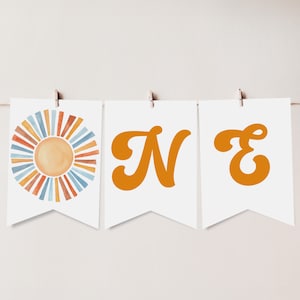 Sonnenschein Hochstuhl Banner Neutral Boho Sun Geburtstag Banner Vorlage Erste Reise um die Sonne Retro Banner Bearbeitbar Druckbar Bir409 Bir350