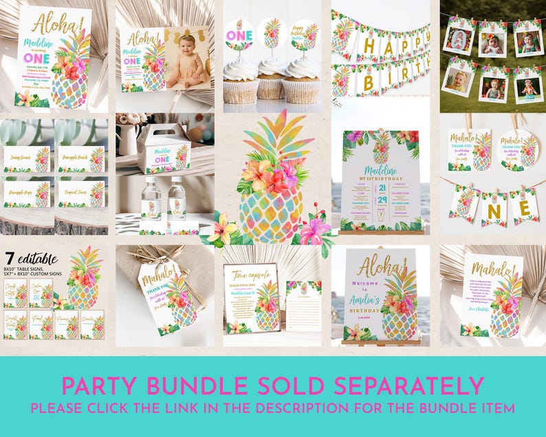 a collage of pineapple themed party supplies