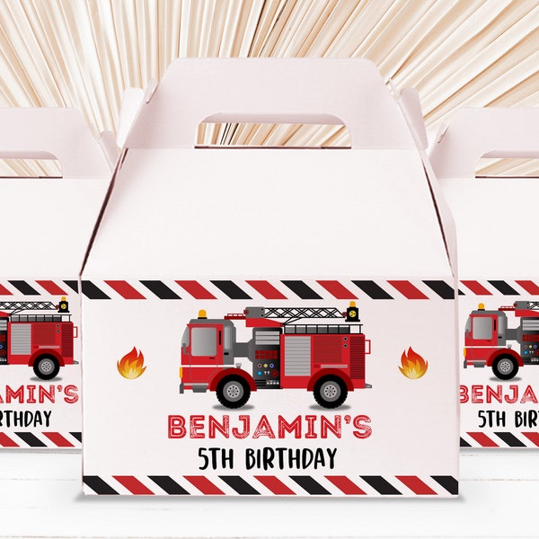 Editable Firetruck Birthday Party Gable Box Label Fireman Favor Box Label Printable Firetruck Party Decorations Thank you sticker Bir71