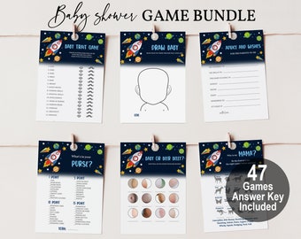 Peut inclure: Un ensemble de 47 jeux de baby shower imprimables sur le thème de l'espace. Les jeux comprennent "Baby Trait Game", "Draw Baby", "Advice and Wishes for the Parents-to-Be", "What's in Your Purse?", "Baby or Beer Belly?" et "Who is My Mama?"