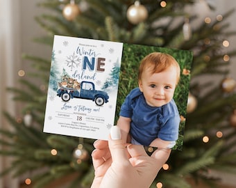 Winter Onederland Birthday Photo Invitation, Blue Truck & Forest Animals (Editable Bir396)