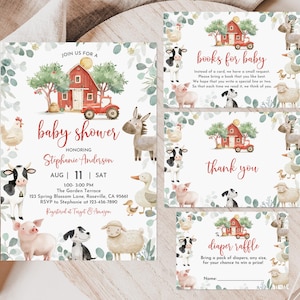 Farm Baby Shower Invitation Bundle Barn Animals Baby Shower Invite Editable Ranch Boy Printable Red Barnyard Animals Neutral Bab359