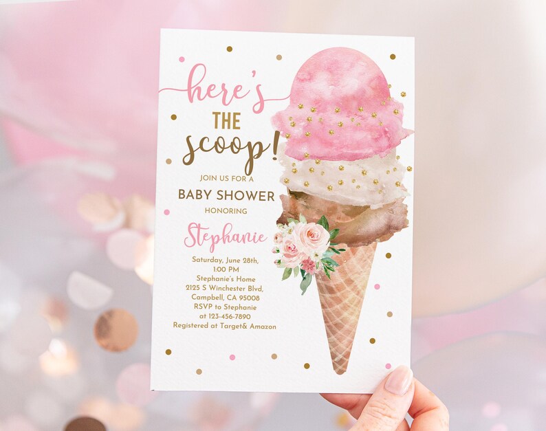 Ice Cream Baby Shower Invite: Pastel Pink and Brown Editable Bab92 image 1