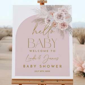 Pampas Grass Boho Babyparty Willkommensschild Boho Girl Willkommensplakat Hello Baby Pink Moderne Bogen Vorlage Bearbeitbare Druckbare Download Bab182