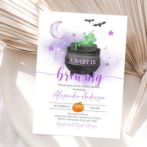 A Baby is Brewing Halloween Baby Shower Invitation Halloween Invite Gender neutral Witch Cute Fall Autumn Editable Printable Download Haba3