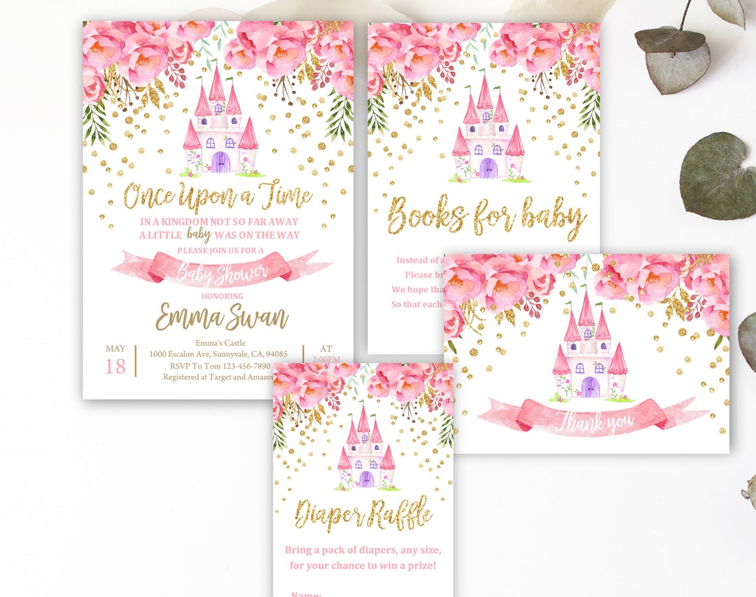 Princess Baby Shower Invitation Set, Pink Gold Floral (editable Digital ...