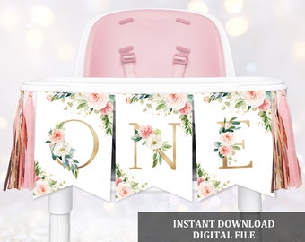 May include: A white high chair banner with pink and gold floral accents. The banner says "ONE" in gold letters.