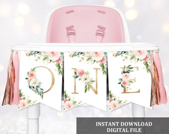 Little Miss Onederful High Chair Banner Blush Pink Floral 1st Birthday Decor Girl Floral Gold ONE Party Banner Download Bir303