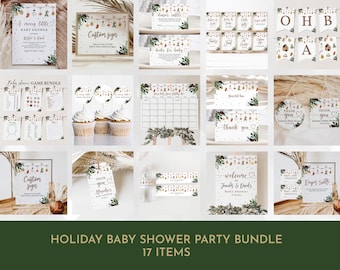 May include: A printable baby shower party bundle with a winter holiday theme. The bundle includes 17 items, such as invitations, games, decorations, and thank you cards. The design features a green and brown colour scheme with illustrations of ornaments, wreaths, and other winter holiday elements.