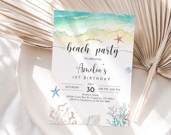 Peut inclure: Une invitation à une fête sur le thème de la plage pour le 1er anniversaire d'Amelia. L'invitation présente une illustration aquarelle de vagues océaniques, une étoile de mer et des coquillages. Le texte indique "Rejoignez-nous pour une fête sur la plage célébrant le 1er anniversaire d'Amelia. Samedi 30 juillet, 13h00 - 15h00. Chez Amelia, 22500 Cristo Rey Dr., Cupertino, CA 95014. RSVP à Stephanie au 123-456-7890."