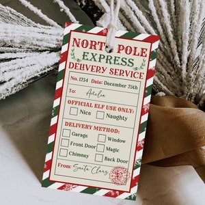 Etiqueta de presente North Pole Express Adesivo de Natal Etiquetas de presente de Papai Noel Entrega de correio do North Pole Entrega especial Editável para impressão Baixar Cht18