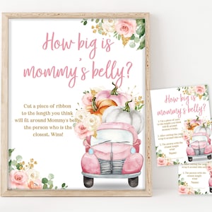 ¿Qué tan grande es la barriga de mamá? Juego de letreros y tarjetas con cuerdas Camión de calabaza rosa Juegos de baby shower para niñas con flores Otoño Otoño Editable Imprimible Bab103