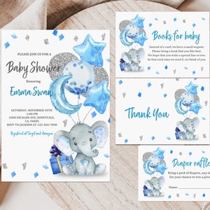 Conjunto de convites para chá de bebê com elefante, convite para festa de bebê com elefante, balão azul-celeste, menino, confete prateado com glitter, editável, para impressão, digital Bab62