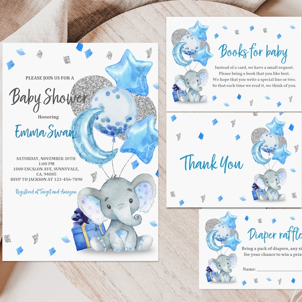 Elephant baby shower Invitation set Elephant Baby Party Invite Sky Blue Balloon Boy Silver Glitter Confetti Editable Printable Digital Bab62