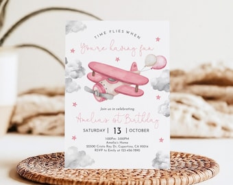 Birthday Invitation: Pink Airplane Girl Pilot (Editable Printable) Bir456
