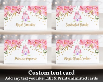 Princess Food Tent Cards: Printable Party Labels (Editable, Double-Sided)