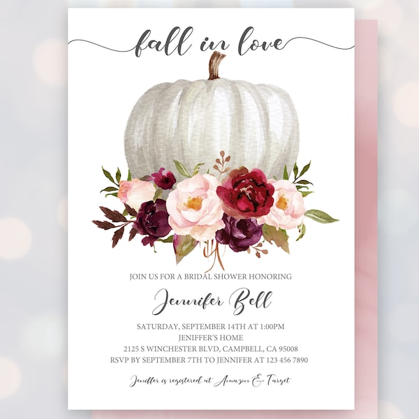 Fall Bridal Shower Pumpkin Invitation  Fall in Love   Boho, Marsala  EDITABLE, Download  Bri21