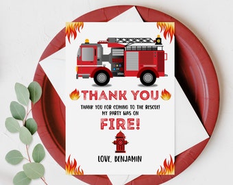 Editable Firetruck birthday thank you card Firefighter Fireman Thank you note Digital Printable note card Boy Fire Engine Birthday Bir71