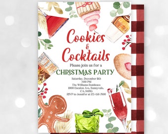 May include: A Christmas party invitation with a watercolor design featuring cookies, cocktails, and a gingerbread man. The text reads "Cookies & Cocktails" and "Please join us for a Christmas Party".
