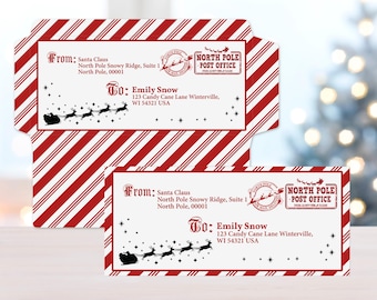 May include: A red and white striped envelope with a North Pole Post Office label. The envelope is addressed to Emily Snow at 123 Candy Cane Lane Winterville, WI 54321 USA. The envelope has a Santa Claus illustration with a reindeer and sleigh.