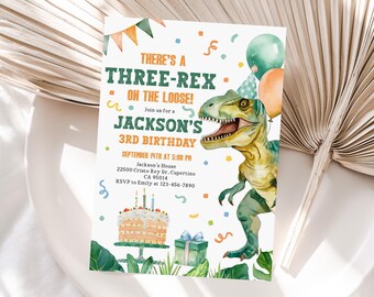 Dinosaur Party Invitation: Three Rex Editable Design (Canva Template Bir574)