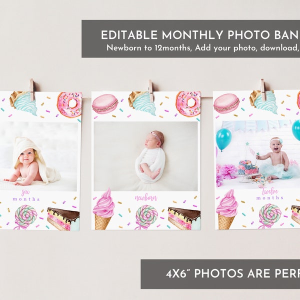 Editable Sweet One Monthly Photo banner Pink Girl Sweet party 1st Birthday Decor Ice cream Cupcake Candy Donut Printable Download Bir360