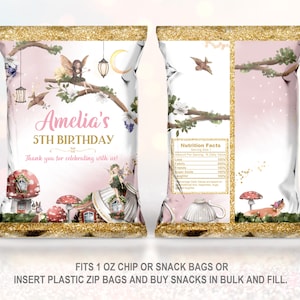 May include: Pink and gold chip bag with a fairy and mushroom theme. The bag says "Amelia's 5th Birthday" and "Thank you for celebrating with us!"