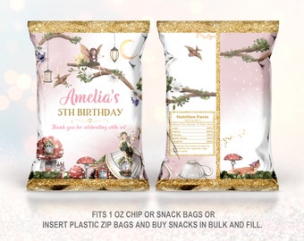 May include: Pink and gold chip bag with a fairy and mushroom theme. The bag says "Amelia's 5th Birthday" and "Thank you for celebrating with us!"