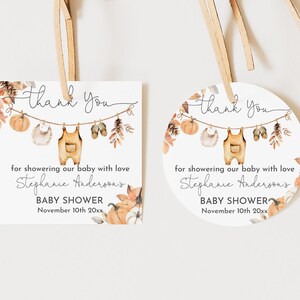 Redigerbara höstpumpa babyshower-etiketter - utskrivbara runda och fyrkantiga Bab292