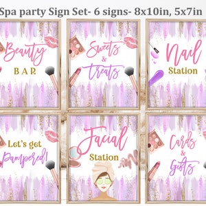 Spa Birthday Party Table Sign Set Makeup Party Sign Glam Party Sign Sleepover Slumber Party Decor Digital Editable Printable Download Bir361