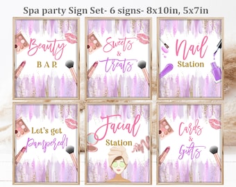 May include: Six printable signs for a spa party. The signs are decorated with a pink and purple watercolor background with gold glitter accents. The signs feature text that says "Beauty Bar", "Sweets & Treats", "Nail Station", "Let's Get Pampered", "Facial Station", and "Cards & Gifts".