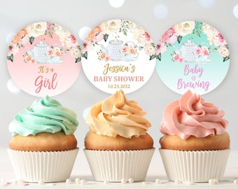 Tea party Baby Shower Cupcake Toppers Printable Decor Gift Label Floral High Tea Party Printable Sticker Download EDITABLE Bab33