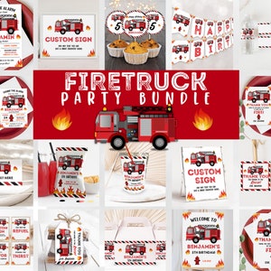 Editable Firetruck Birthday Party Bundle Fireman Party Set Fire Truck Birthday Party Invitation and Decorations Firefighter Printable Bir71