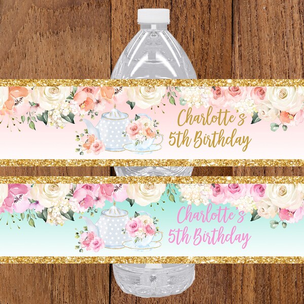 Tea Party Water Bottle Label Birthday Décor High Tea Drink wrapper Floral High Tea Bruch Party Favor Download EDITABLE Bir122