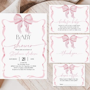 Pink Bow Baby Shower Einladung Set Printable Mädchen Pink Coquette Baby Shower Invite Set Bearbeitbar Soft Pink Ribbon Baby Sprinkle Bab334