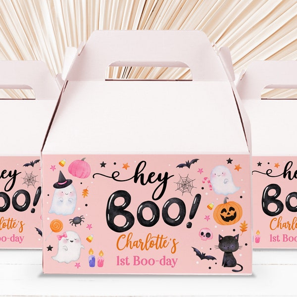 Editable Pink Halloween Gable Box Favor Label Halloween Ghost Gift Box Label Hey Boo Pink Ghost Birthday Treat tag Download Printable Hab1